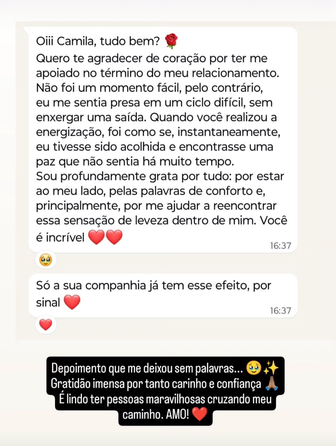 Imagem de depoimento enviada para compartilhar a experiência de atendimento